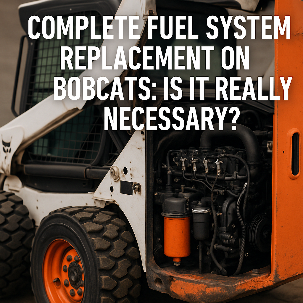 Bobcat skid steer with engine compartment open, showing fuel system components including injectors, filters, and lines, used as a blog cover image for an article about whether complete fuel system replacement is necessary.