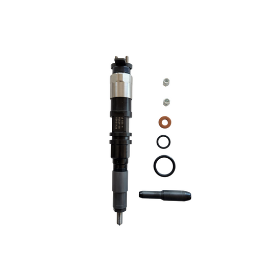 A fuel injector with various components laid out, primarily black in color, with part of the fuel injector being silver.