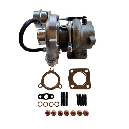 Front view of aftermarket turbocharger with billet wheel for Bobcat D24