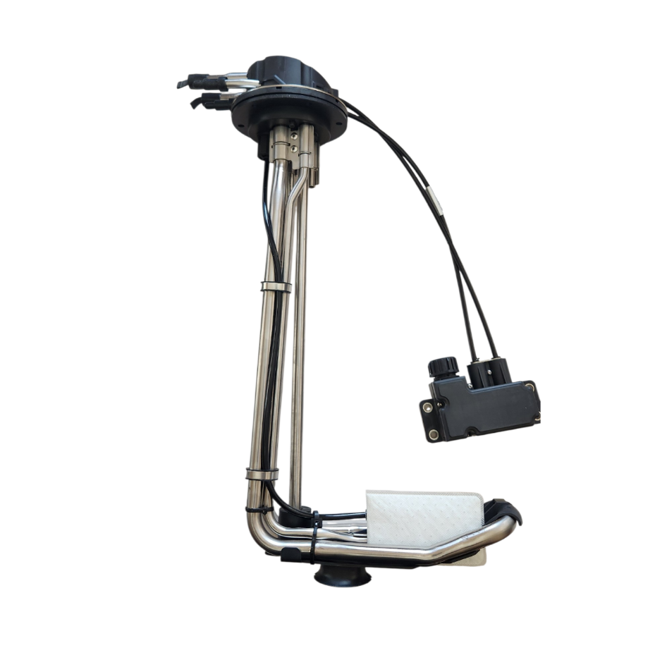 A metal and black mechanical device with a long vertical stem, curved lower arm, attached cables, and a small rectangular control unit, isolated on a white background.