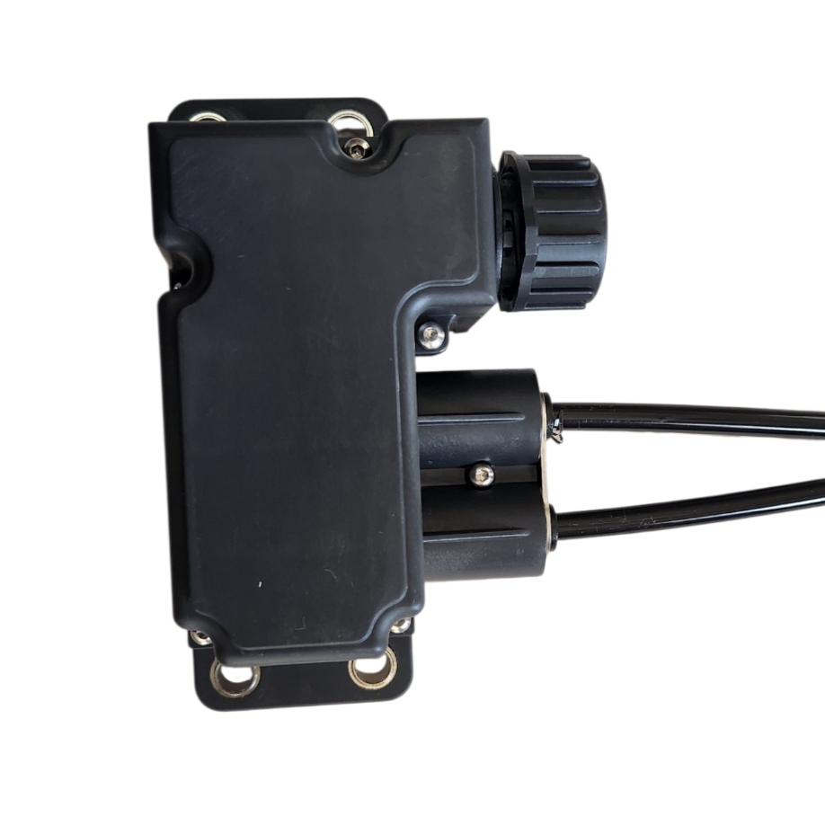 A black plastic electronic control module with a threaded adjustment knob and two attached black wires, shown on a plain white background.