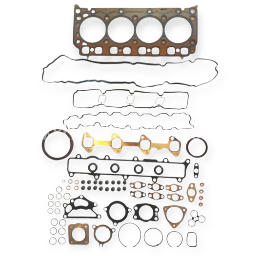 Top-down view of complete DM02 Gasket Kit with multiple gasket layers and hardware – compatible with Doosan engines