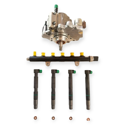 photo of a fuel kit for the d34 bobcat doosan engine, includes fuel injectors, fuel pump, common rail