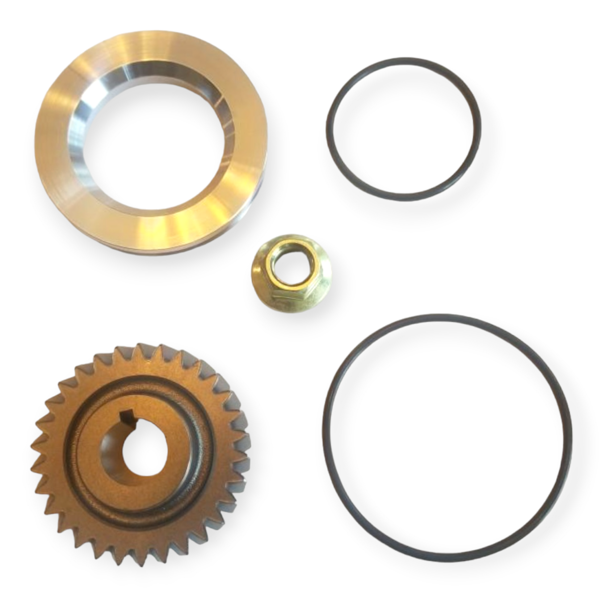 photo of a gear kit for the d34 engine includes gear, nut flange, collar and rings